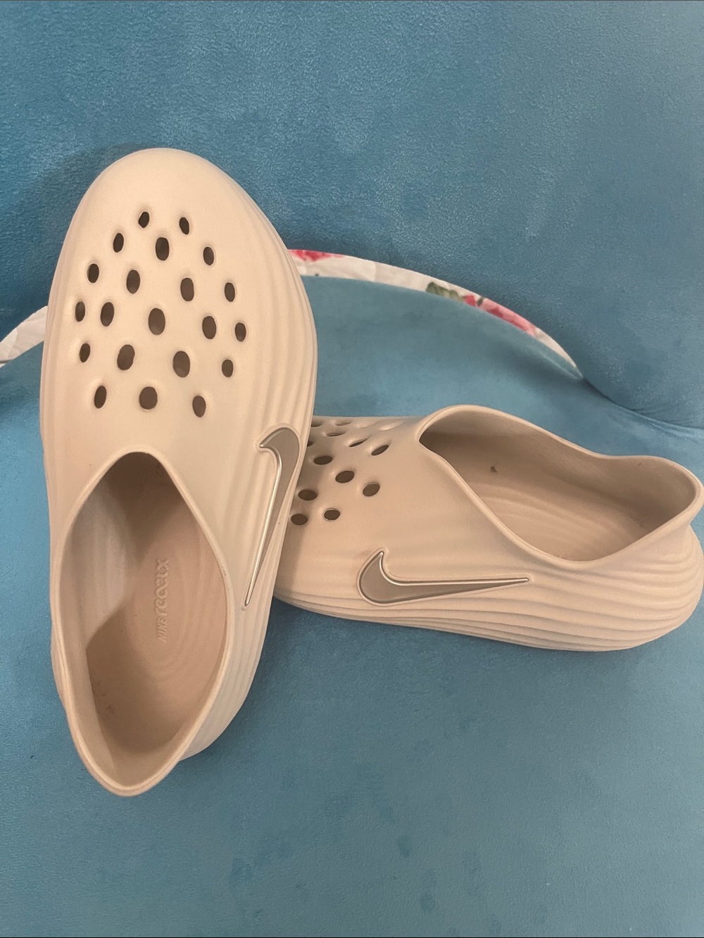 Nike Women’s Slip-On Foam Clog in Light Beige with Silver Swoosh